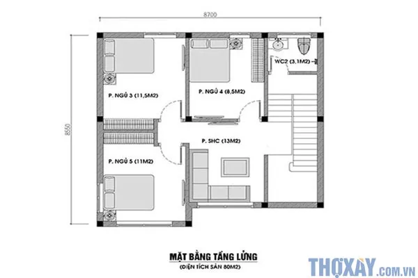 Bản vẽ tầng lửng nhà 6x12m 2 tầng có gác lửng