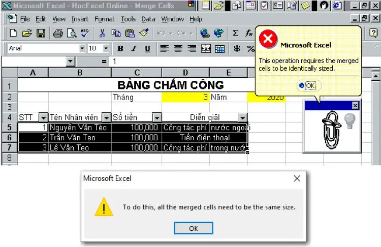 Những trường hợp cần thiết để sử dụng phím tắt Merge Cell