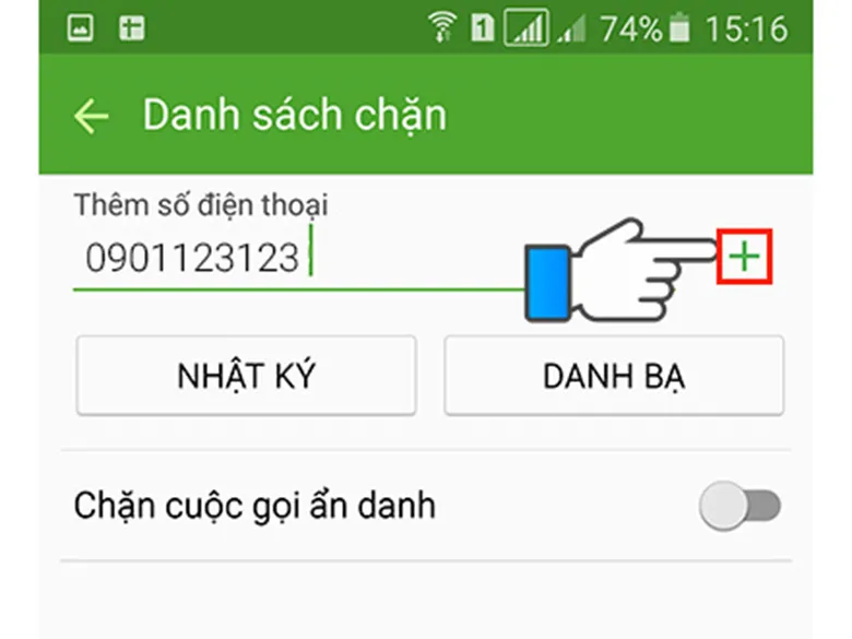Ấn vào dấu + để chặn số trong danh bạ cách chặn số điện thoại lạ trên Samsung