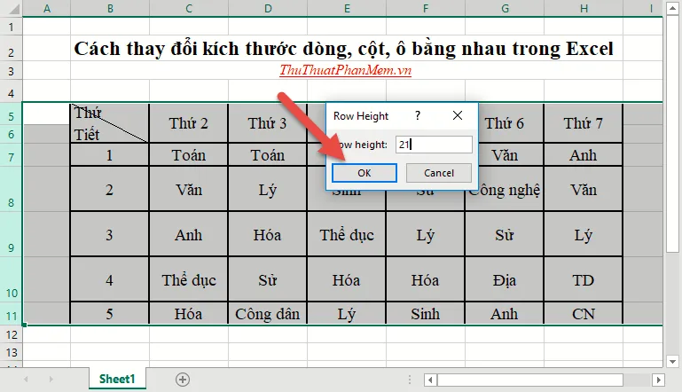 Nhập kích thước cần thay đổi độ cao của hàng - nhấn OK