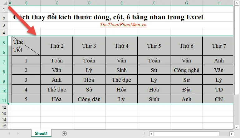 Thay đổi kích thước các dòng ô bằng nhau trong Excel