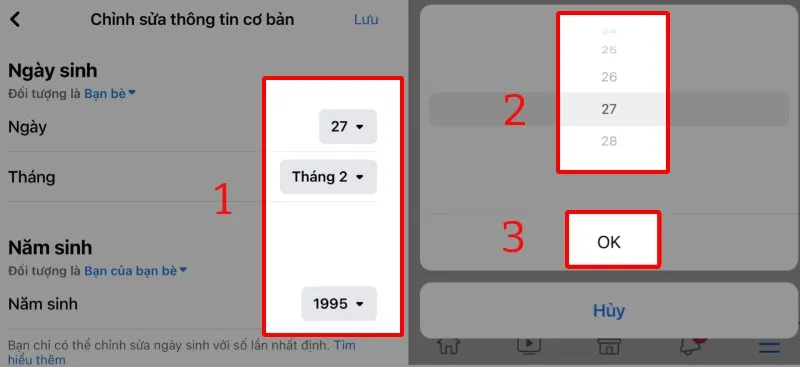 Nhấn vào biểu tượng tam giác ngược, kéo chọn ngày tháng năm sinh và nhấn OK