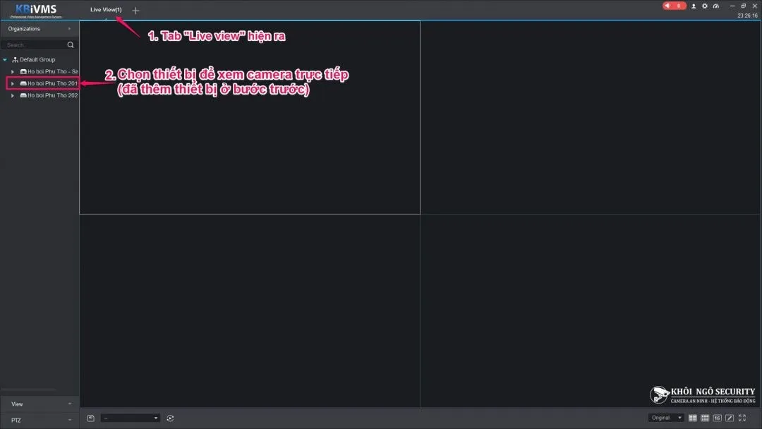 Chọn thiết bị xem camera trực tiếp trên KBiVMS