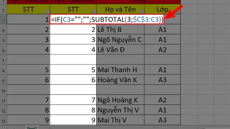 Nhập hàm theo cú pháp B3 = IF(C3="";"";SUBTOTAL(3;$C$3:C3))