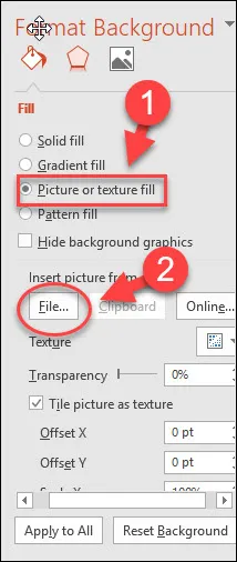 Tích chọn Picture or texture fill, trong File - chọn một ảnh để chèn vào slide