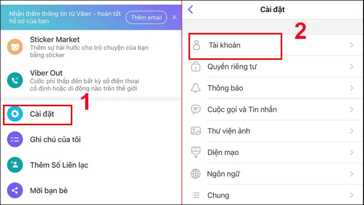 Bạn truy cập vào Viber và nhấn vào Settings (Cài đặt) Account (Tài khoản)