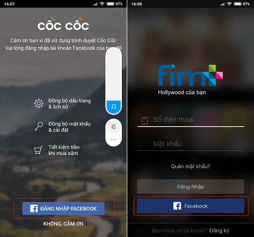 Nút đăng nhập Facebook cũng quá quen thuộc trên các ứng dụng từ công cụ cho đến giải trí, như hình là trình duyệt Cốc Cốc và ứng dụng xem phim Fim+ 