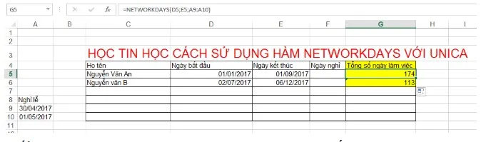 Mô tả cách sử dụng hàm NETWORKDAYS. Hình 3