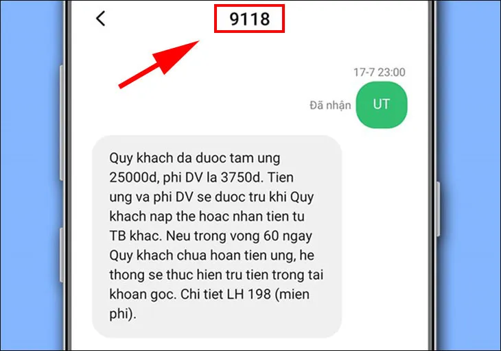 Ứng tiền qua tin nhắn tổng đài 9118