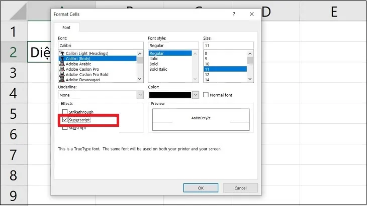 Khi mở hộp thoại Format Cells, bạn nhấn vào tab Font