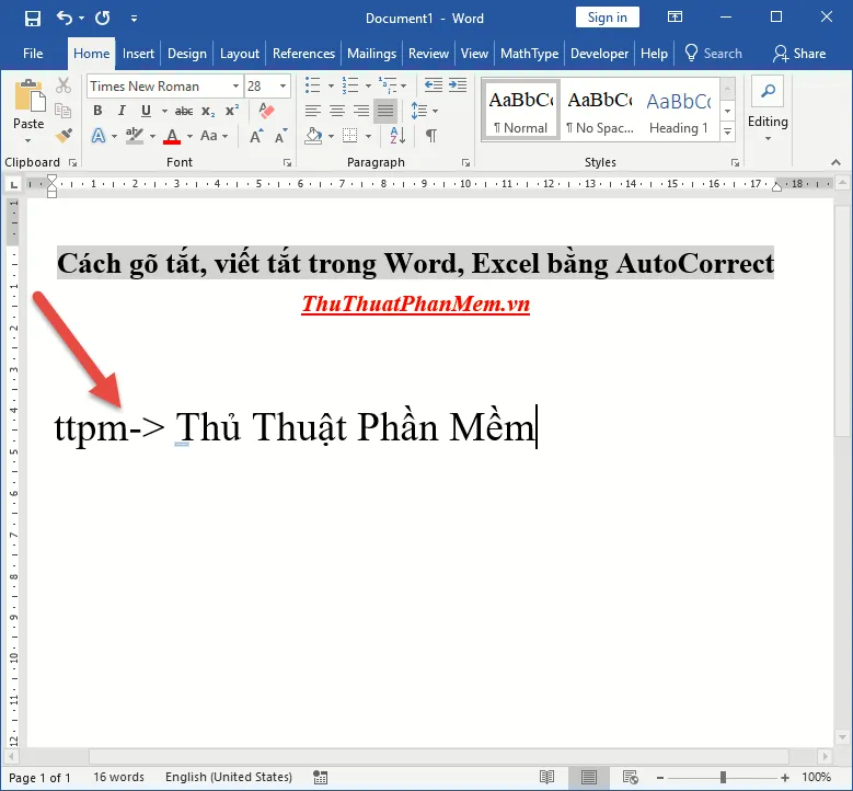 Gõ cụm từ ttpm nhấn phím cách cụm từ Thủ Thuật Phần Mềm được hiển thị