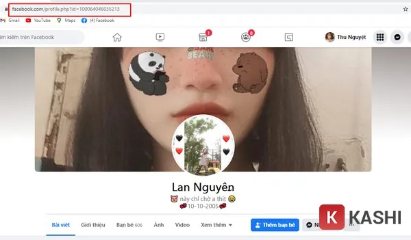 Copy ID Facebook tìm kiếm trên thanh công cụ để vào trang cá nhân