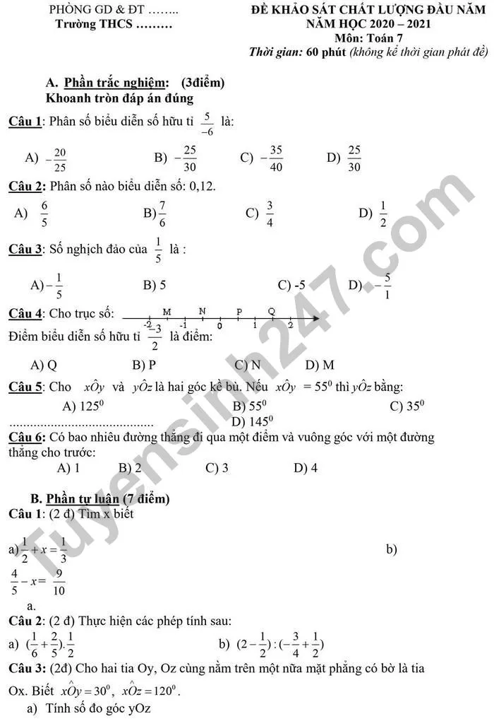 Đề thi khảo sát chất lượng đầu năm lớp 7 môn Toán 2021 (Có đáp án)