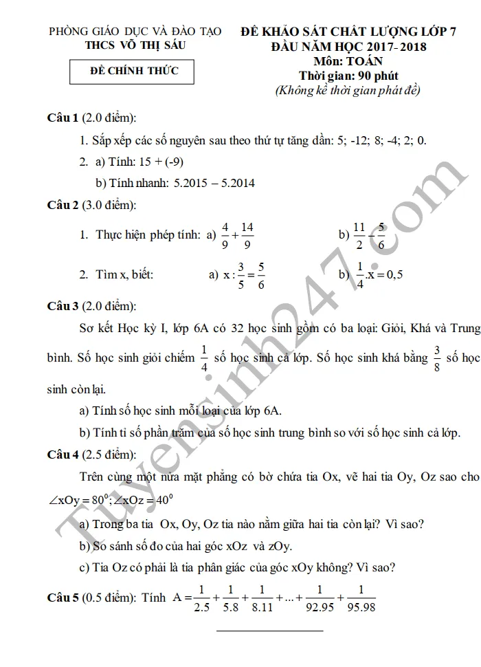 Đề khảo sát đầu năm môn Toán lớp 7 THCS Võ Thị Sáu năm 2018