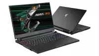 Gigabyte Aorus 15G RTX 30 series gaming laptop shown front and back on white background