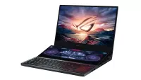 Asus ROG Zephyrus Duo 15 gaming laptop with both screens showing on white background