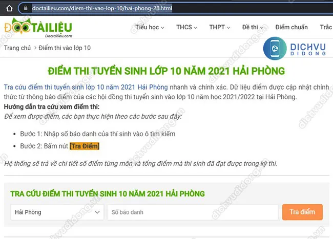 Tra cứu điểm thi lớp 10 ở Hài Phòng