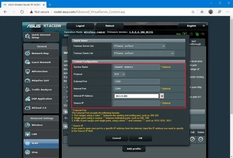 Open port 3389 on router